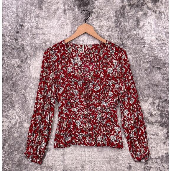 Anthropologie Top 2 Womens Feather Bone Red Floral Tie Front Smocked Blouse - Picture 1 of 8